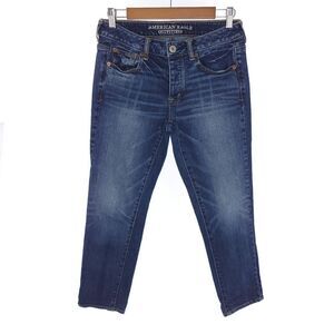 American Eagle Boy Crop Stretch Solid Blue Button Fly Denim Jeans Size 2